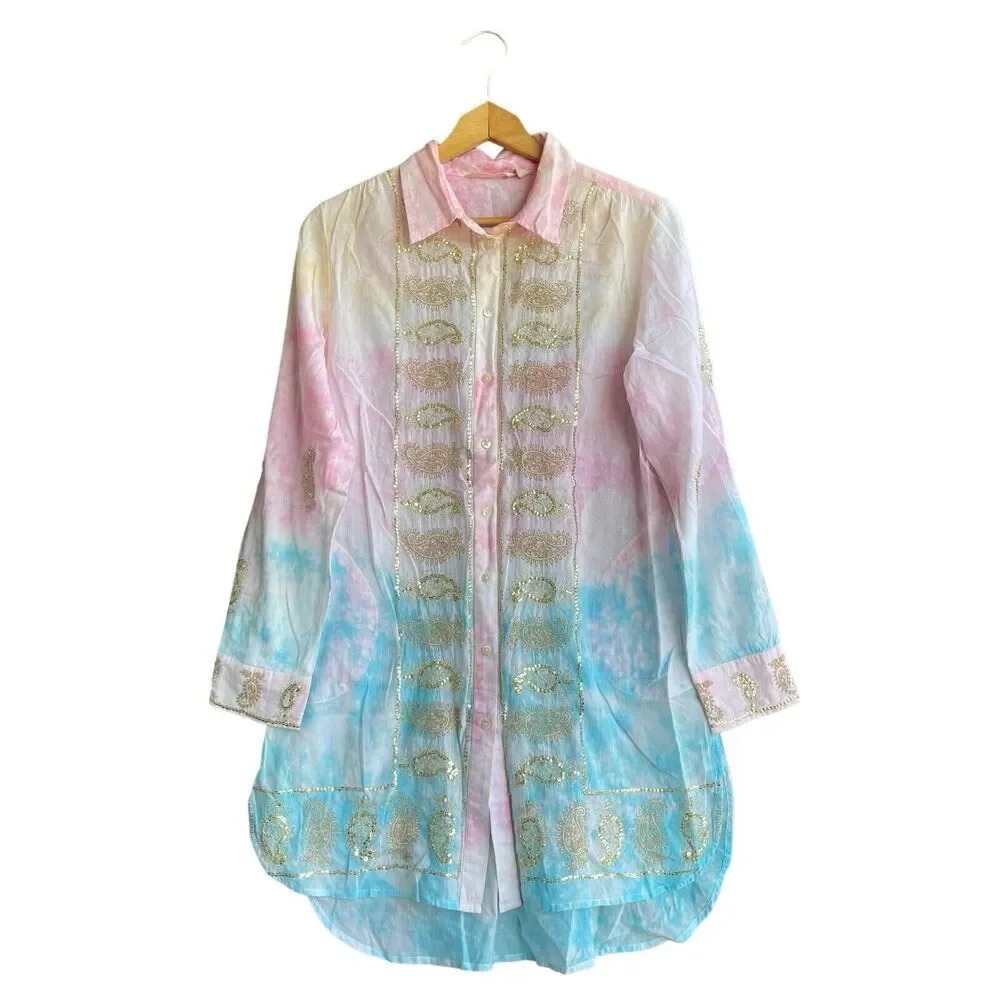 Soft Surroundings Tunic Top Pink Blue Tie Dye Gilded Paisley Long Shirt Size S